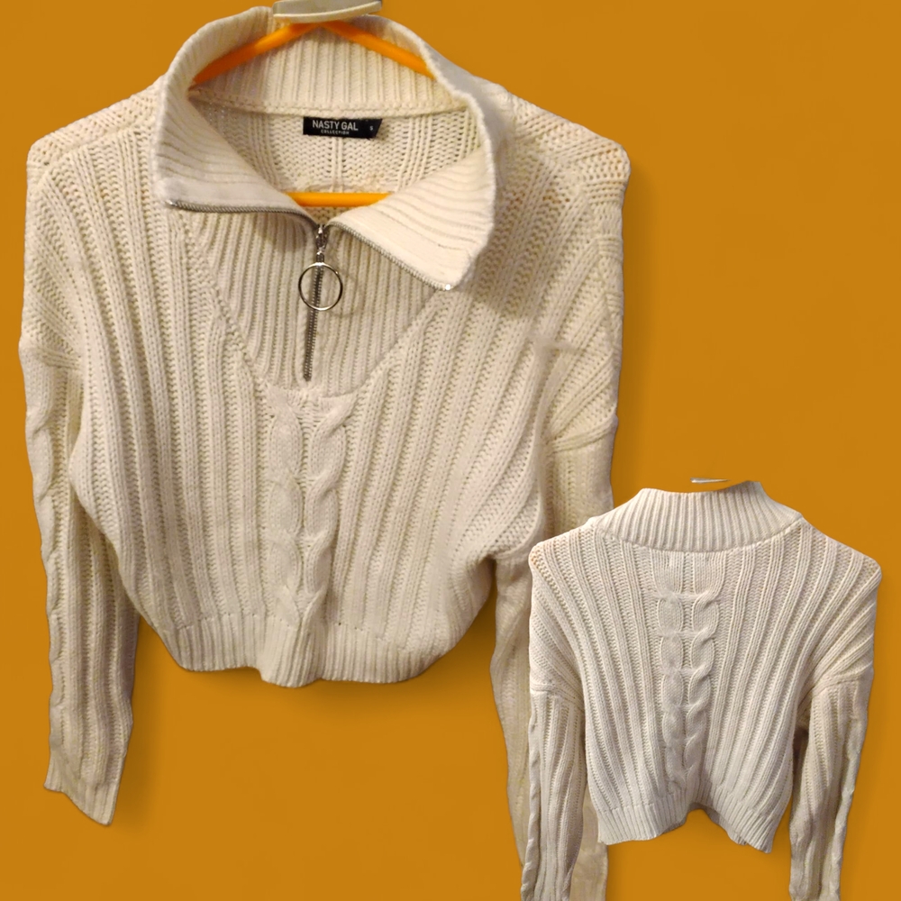 Nasty Gal Cropped Cable Knit Half-Zip Sweater | Cream | Size S | O-Ring Zipper - Picture 4 of 6